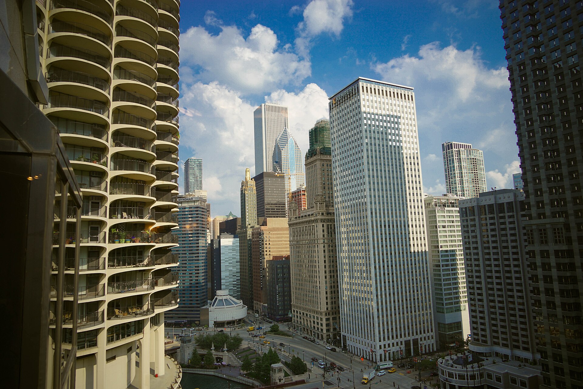 The Chicago River winding through downtown skyscrapers