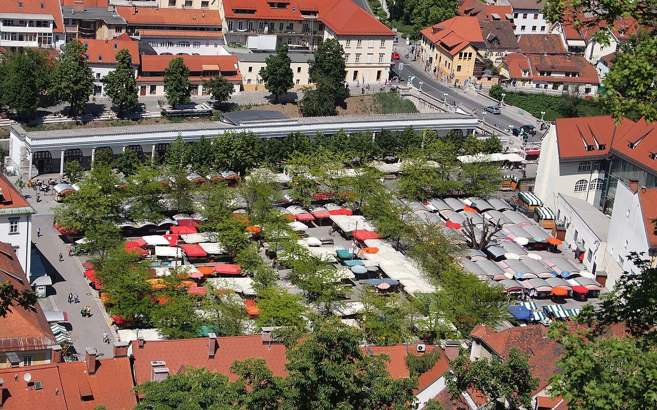 Ljubljana's open-air central market stalls
